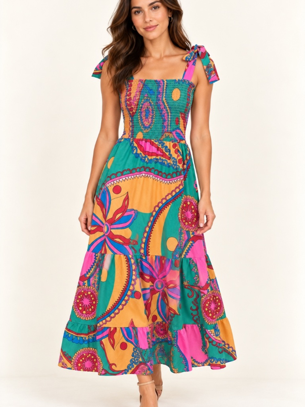 Sunday Up Colorful Print Smocked Tie Strap Tiered Maxi Dress